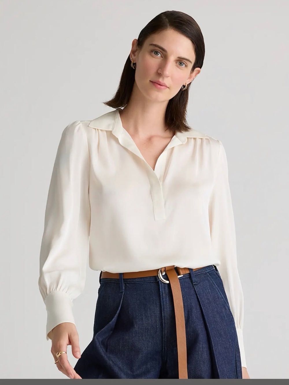 Quince Washable Stretch Silk Split Neck Blouse Ivory White XL